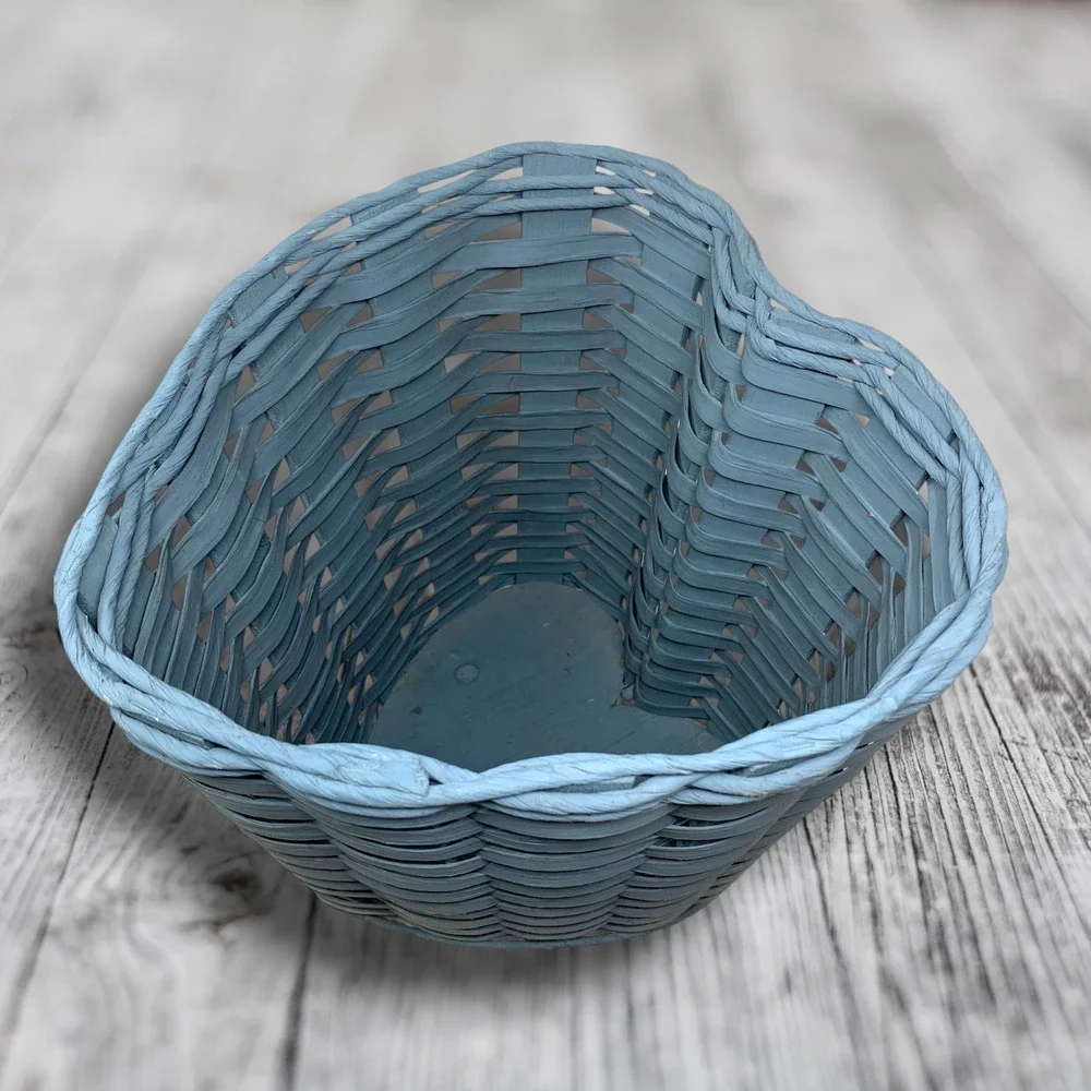 Vintage Heart Shaped Wicker Waste Basket Trash Bin Dusty Blue Cottage Farmhouse